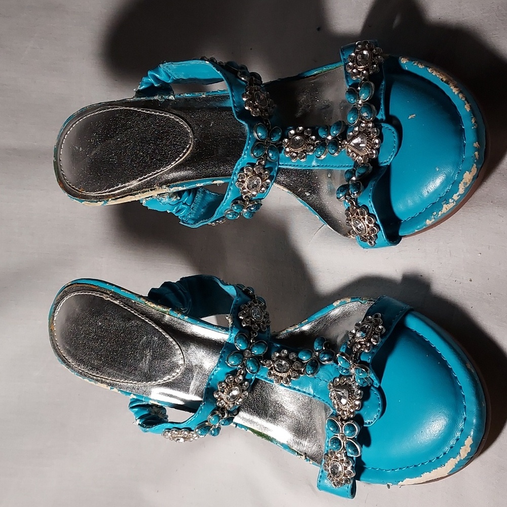 Vintage Women's Fancy Open Toe Shoes Turquoise Rhinestones Pointure 40 Shoes